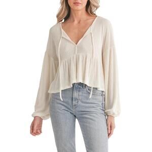 Lush Cream Waffle Knit Tie Front Peplum Babydoll Top Oversized Small/Medium NWT